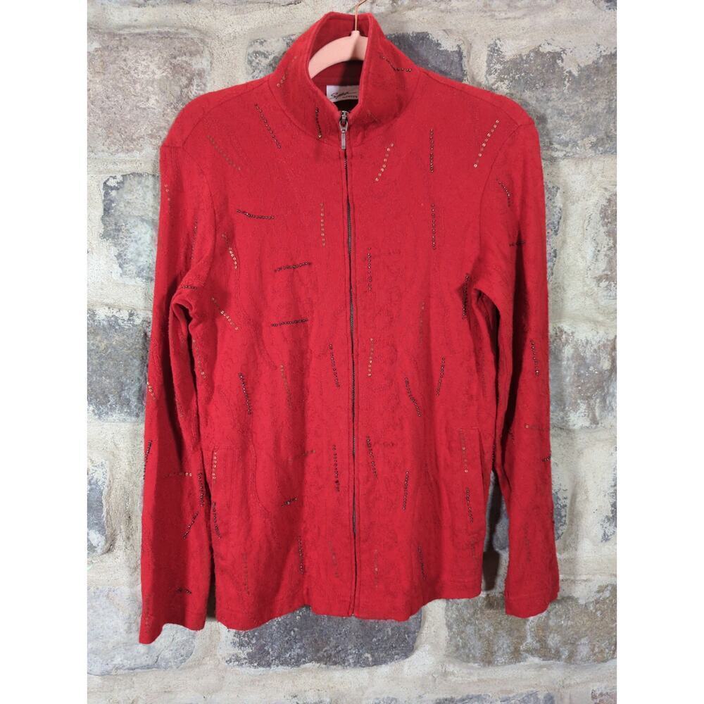 Spa By Chico's Sweatshirt Woman's Small Red‎ Beaded Stripes Full Zip Athletic